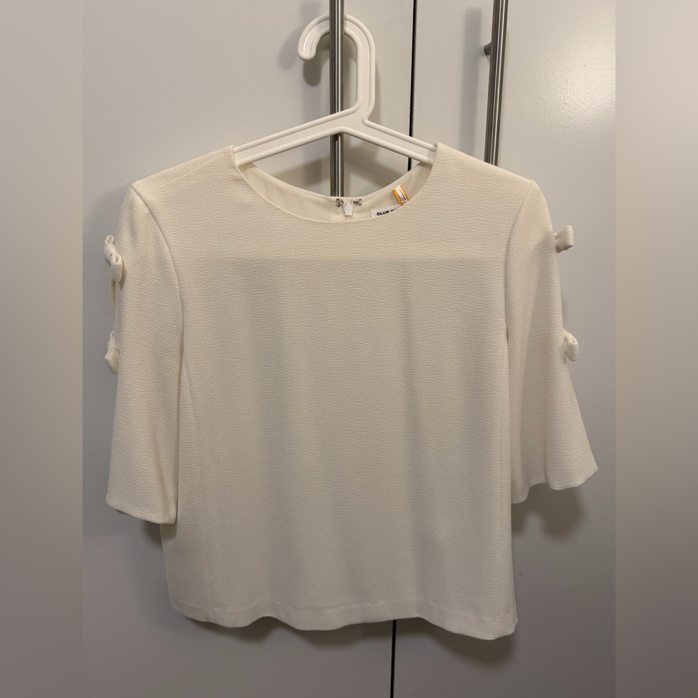 Women's Cream Short Sleeve Bow-Detail Blouse